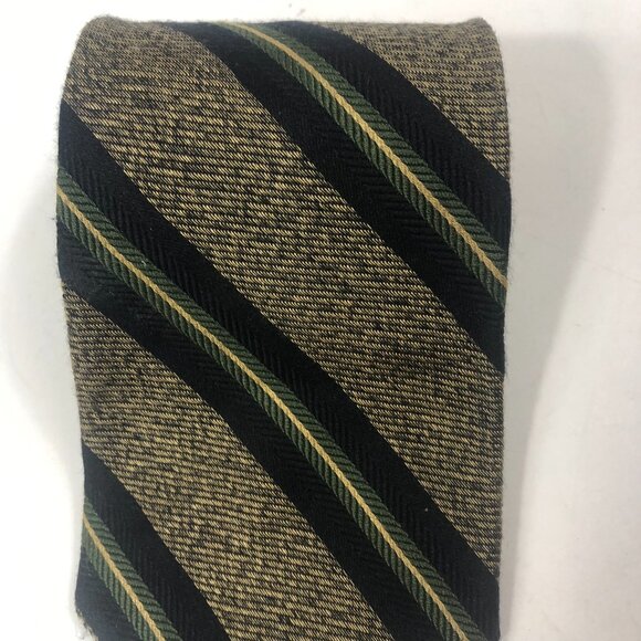 Sterling & Hunt Premier Edition Pure Silk Repp Tie Black Gold Green Stripes Ital - Picture 2 of 5